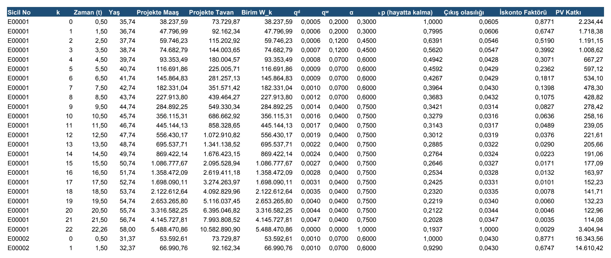 Excel denetim izinin yıl-yıl açılım sayfası: her satır bir personelin bir yılı; sütunlarda projekte maaş ve tavan, birim tazminat, ölüm ve ayrılma olasılıkları, hak kazanma oranı, hayatta kalma, iskonto faktörü ve bugünkü değer katkısı.